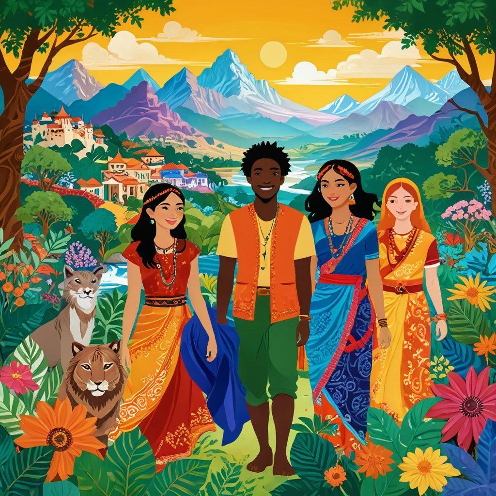 A vibrant collage illustrating diverse characters from various cultures engaging in playful, adult-themed animations. Include elements like colorful landscapes, decorative patterns, and symbols representing different traditions and identities. Ensure the characters express joy and connection, blending fantasy and reality. super-realistic. vibrant colors. saturated backgrounds.