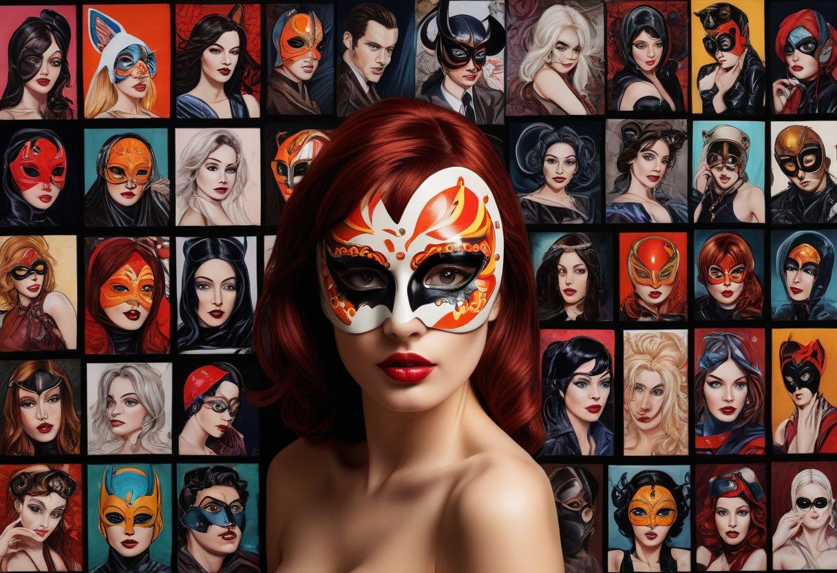 A dynamic collage showcasing an array of adult video stills and graphic novel panels, blending erotic imagery with artistic designs and vibrant colors. Include elements like playful masks, abstract shapes, and suggestive poses to represent various fetishes and fantasies. The backdrop should be a deep, moody color that adds a mystique to the overall theme. Incorporate a sense of intrigue and exploration to captivate the viewer's imagination. super-realistic. vibrant colors. dark background.